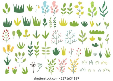 Doodle plants bundle in cartoon style. Grass, sprouts and leaves big collection. Colorful floral set. Vector illustration