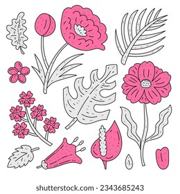 Colección de plantas de doodle. Flores y hojas de color gris y rosa dibujadas a mano con colección de monstera, amapola, peonía, azulina, roble, anturio. Ilustración de vector botánico texturizada