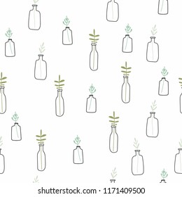 Doodle plants in pots seamless pattern background.