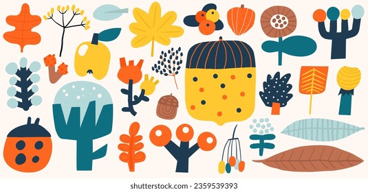 Doodle-Pflanzen-Set. Frisch gezeichnete Herbstblätter, Beeren, Blumen, Korn, Cranberry, Dame Vogel, Cowbeere, Apfel, Rowanbeere, Baumwolle. Eigene Dekorationselemente für Kinder