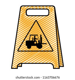 doodle plastic caution emblem and laborer with forklift