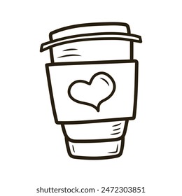 Doodle plastic coffee cup with heart. Outline hand drawn icon for coffee and bakery cafe.