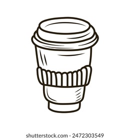 Doodle plastic coffee cup. Outline hand drawn icon for coffee and bakery cafe.