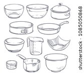 Doodle plastic and glass bowls, pot and frying pan. Vintage hand drawn vector cookware isolated. Bowl for cooking, utensil and dishware illustration