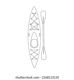 Doodle plastic kayak with a paddle. Rowing boat for fishing, tourism, travel, active water sports. Top view. Outline black and white vector illustration isolated on a white background.