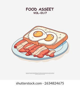 Placa de doodle com café da manhã vetor refeição em EPS10. Estilo desenhado à mão com 2 ovos fritos de lado ensolarado na torrada e tiras de bacon crocantes. Perfeito para ilustrações de comida, menus de café, design culinário.