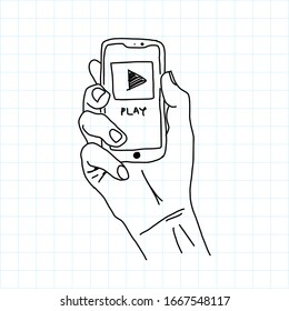 botón de juego del doodle con la mano sostiene el smartphone
