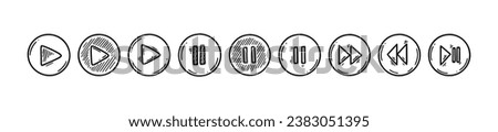 Doodle play, pause, rewind, stop, back buttons. Sketch video and audio computer and media player interface circle icons. Hand drawn music and movie pc symbols