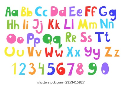 Doodle playful abc cartoon funny style colorful numbers, small and capital letters of English alphabet, multicolored concept, cute trendy decorative lettering