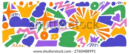Doodle playful shapes and geometric figures set. Hand drawn naive trinkets isolated on white background. Vector scribbles and stars with yellow crown and blue clouds. Organic geometry crayon forms.