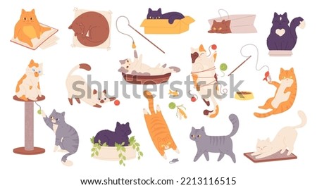 Doodle playing cats. Funny kitten characters, cute cat play with ball or box, kawaii lazy home pet adorable kitty sleep lying crazy sticker collection garish vector illustration of kitten funny pet