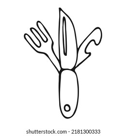 Doodle Pocket Knife. Swiss Army Knife Hand Drawn. Vector Illustration.