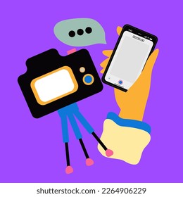 Doodle podcast. Audio podcasters equipment, broadcasting advertising design content, Camera, Phone. Vector illustration of podcast audio
