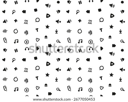 Doodle podcast seamless pattern with Music Media Player Icons. Hand Drawn Pastel Color Play, Pause, Stop, Volume, Equalizer Buttons. Minimalism style. Fun and simple background for music, video, audio