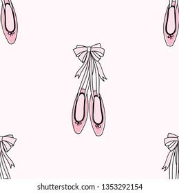 Doodle pointe shoes small-scaled vector seamless background. Simple cute ballet themed pattern. Perfect for baby girlish design, kids fashion fabric prints, bedding and sleepwear.