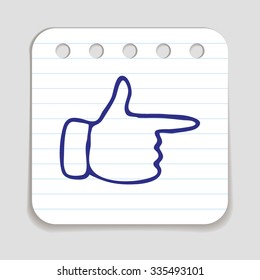 Doodle Pointing Finger icon. Blue pen hand drawn infographic symbol on a piece of notepaper. Line art style graphic design element. Web button with shadow. Pointing out, direction concept. 