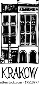 doodle façade Polish Buildings facade front view. European homes shops and cafes of the old city buildings simple monochromatic line art sketch for a logo 