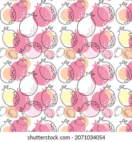 Doodle pomegranate pattern. Seamless white background with simple garnets fruits. Endless repeating texture for printing and decoration. Printable flat vector illustration for fabric and decor