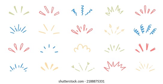 Doodle pop surprise line elements. Hand drawn shine sunburst ray frame for title headline illustration. Doodle vector illustration.