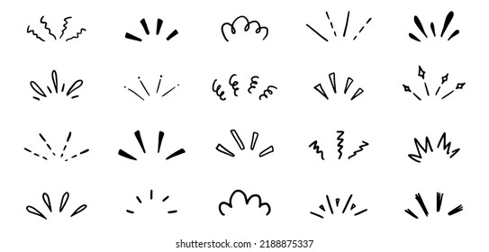 Doodle pop surprise line elements. Hand drawn shine sunburst ray frame for title headline illustration. Doodle vector illustration.