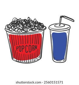 Doodle of popcorn bucket and plastic soda cup with a straw. Simple outline of movie snacks made out of corn. Vector illustration for online and print design projects. 