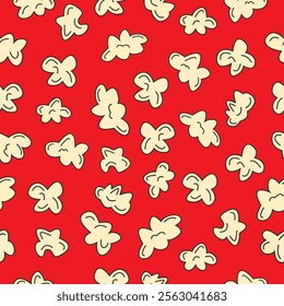 Doodle popcorn seamless pattern on red background. Popcorn motif cute cartoon. For cinema wallpaper, print, food wrapper, decoration