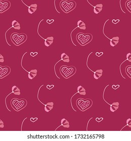 Doodle poppy flowers and hearts seamless vector pattern. Surface pritn design for backgrounds, stationery, cards, wrapping paper, and packaging.