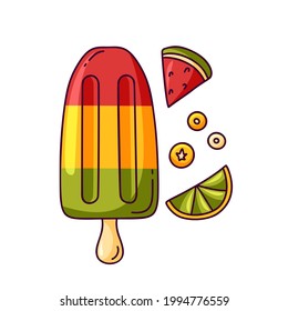 Doodle popsicle with slice of watermelon, citrus, berries. Color hand drawn illustration of summer fruit dessert. Cartoon isolated vector elements on white background