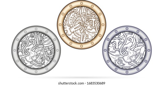 Doodle porthole with sea icon isolated on white. Marine pattern with boat, paddle, wave. Set outline antistress coloring. Vector stock illustration