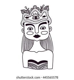 Doodle portrait. Artistic representation of a person. Cartoon tribal urban style. T-shirt print. Long doodle hair and pretty face girl with cheeks and black lips. Coloring book.