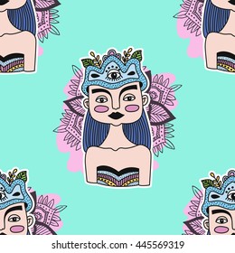 Doodle portrait. Artistic representation of a person. Cartoon tribal style. Blue haired cartoon girl. Turquoise background. Seamless pattern.