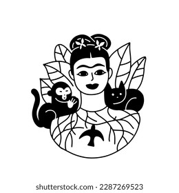 Doodle portrait Frida Kahlo and cat   monkey  linear hand darwn vector illustration isolated  hipster portrait Mexican Spanish woman 