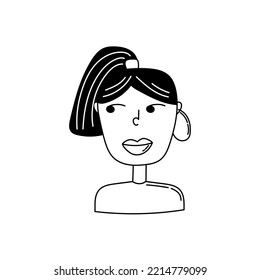 Doodle portrait of a girl with big earrings and hair tied in a ponytail. Vector sketch illustration.