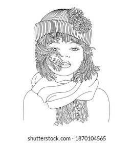 Doodle Portrait Young Lady with knitted hat and scarf Short Hair. Women's cold weather clothing. Coloring book page for adult and children.Vector Illustration on Transparent Background.