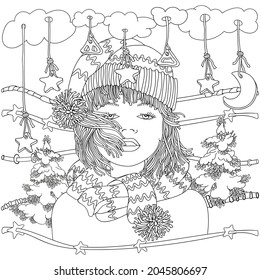 Doodle Portrait Young Lady. Knitted Hat, Scarf, Short Hair. Women's cold weather clothing. Winter Landscape, Moon, Stars. Coloring book page for adult and children. Vector Illustration