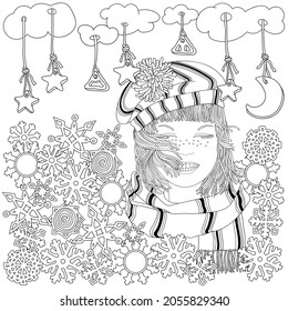 Doodle Portrait Young Lady. Knitted Hat, Scarf, Short Hair,  Smile. Women's Cold Weather Clothing. Stars, Moon, Snowflakes. Coloring Book Page for Adult and Children. New Year's Holidays. Christmas.