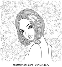 Doodle Portrait Young Lady Short Hair Art Deco Front View Glamour Women. Stationery, mug, t shirt, phone. Coloring book page for adult and children. Zentangle style, Crypto Icon, NFT template. 
