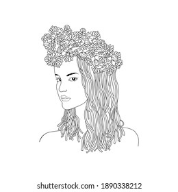 Doodle Portrait Young Lady with a Wreath of Flowers on Head.
Coloring Book Page for Adult and Children. Vector Illustration for Catalog, Magazine Cover, Booklet, Postcard on Transparent Background.