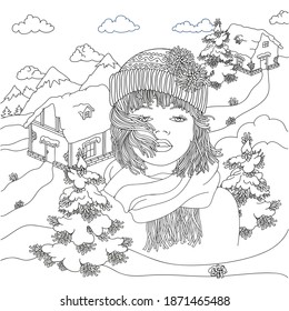 Doodle Portrait of a Young Woman in a Knitted Hat and Scarf. Short Hair. Women's Cold Weather Clothing. Winter Landscape. Coloring Book Page for Adult and Children.Vector Illustration.