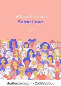 Doodle Portraits of Diverse Women. Mothers Day Greeting Card. Inclusive Female Faces Hand-Drawn Illustration. Celebrating All Mothers. Multicultural Doodle Postcard for Mothers Day