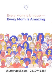 Doodle Portraits of Diverse Women. Mothers Day Greeting Card. Inclusive Female Faces Hand-Drawn Illustration. Celebrating All Mothers. Multicultural Doodle Postcard for Mothers Day
