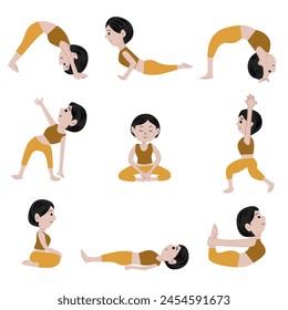 Doodle pose of girl doing yoga movements. Collection of flat design yoga poses. Set Vector illustration.