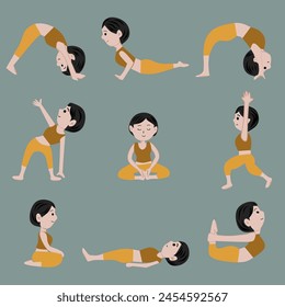 Doodle pose of girl doing yoga movements. Collection of flat design yoga poses. Set Vector illustration.