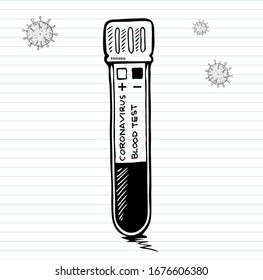 Doodle de la prueba COVID-19 positiva y muestra de laboratorio de análisis de sangre para diagnosticar una nueva infección por el virus Corona.Ilustración vectorial
