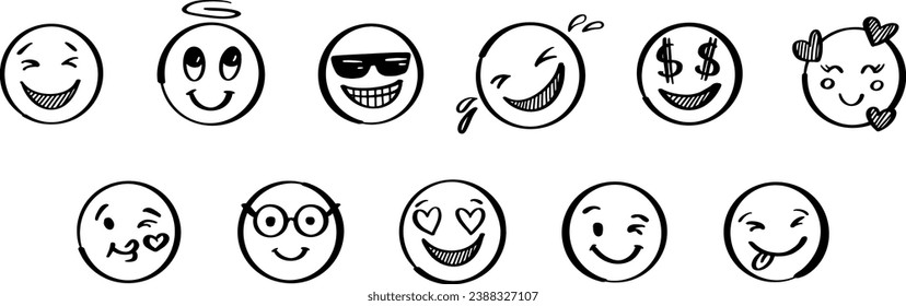 Doodle positive emoji set. Hand drawn sketch vector illustration. Pack of different expressions emoticons.