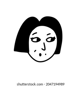 Doodle positive girl face. Hand-drawn outline human isolated on white background. Funny surprised Avatar. Cartoon whistling woman. Female portrait. Beautiful short bob hairstyle. Vector illustration
