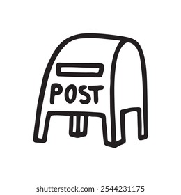 Doodle caja de correo o icono de caja de gota o logotipo, dibujado a mano con línea negra delgada. Comunicación, newsletter, concepto de mensaje. Aislado sobre fondo blanco. Ilustración vectorial