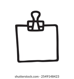 Doodle Post Note icon, paper pieces with a binder clip. Line art style graphic design element. Vector illustration isolated on white background