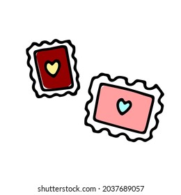 Sello de rehenes Doodle con corazón. Letra de esquema dibujada a mano aislada en fondo blanco. Signo de comunicación, mensaje, correo, Día de San Valentín, 14 de febrero, mensaje de amor. Ilustración linda de color de vector