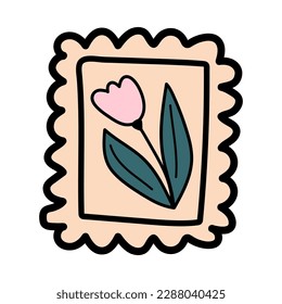 Doodle postage stamp with tulip. Postal vintage element. Mail icon. Vector illustration.